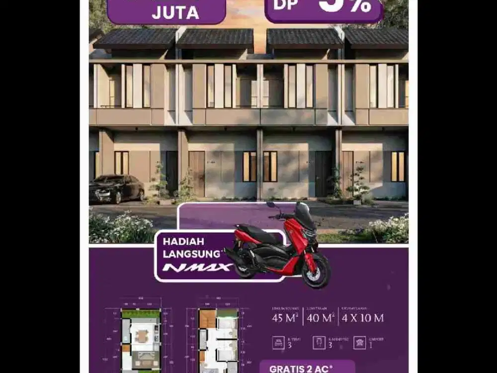 Cluster Verbena type Dusk
Type 45/40

Harga Rp 721.000.000,-
Dp 10 % Rp 72.100.000,- 

Cara Bayar Dp 
UTJ Rp 10.000.000,- 
Sisa Dp Rp 62.100.000,- 

Asumsi KPR 
Rp 648.900.000,-

Estimasi Bank Mandiri:
5 thn Rp 12.569.208 (flat 5 tahun)
10 thn Rp 6.907.99