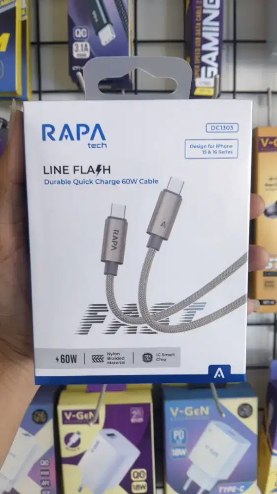 KABEL DATA TYPE-C TO TYPE-C RAPA TECH LINE FLASH DC130360W