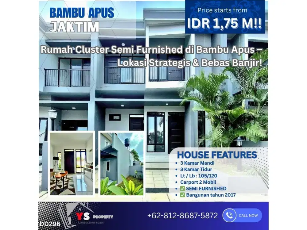 Rumah Cluster Semi Furnished di Bambu Apus Jakarta Timur – Lokasi Strategis & Bebas Banjir! DD296