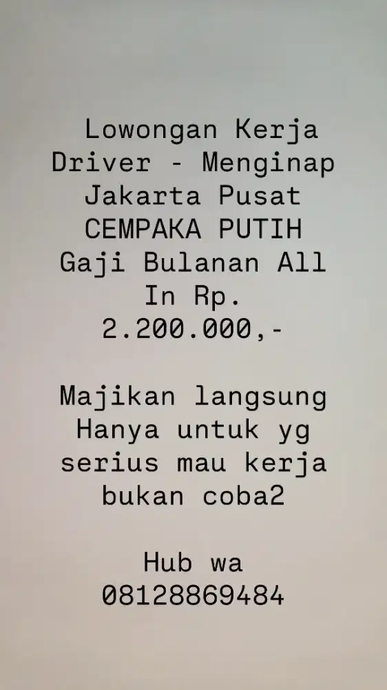 Dibutuhkan segera Driver cempaka putih