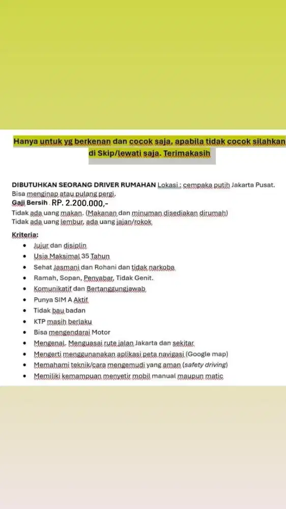 Dibutuhkan segera Driver cempaka putih