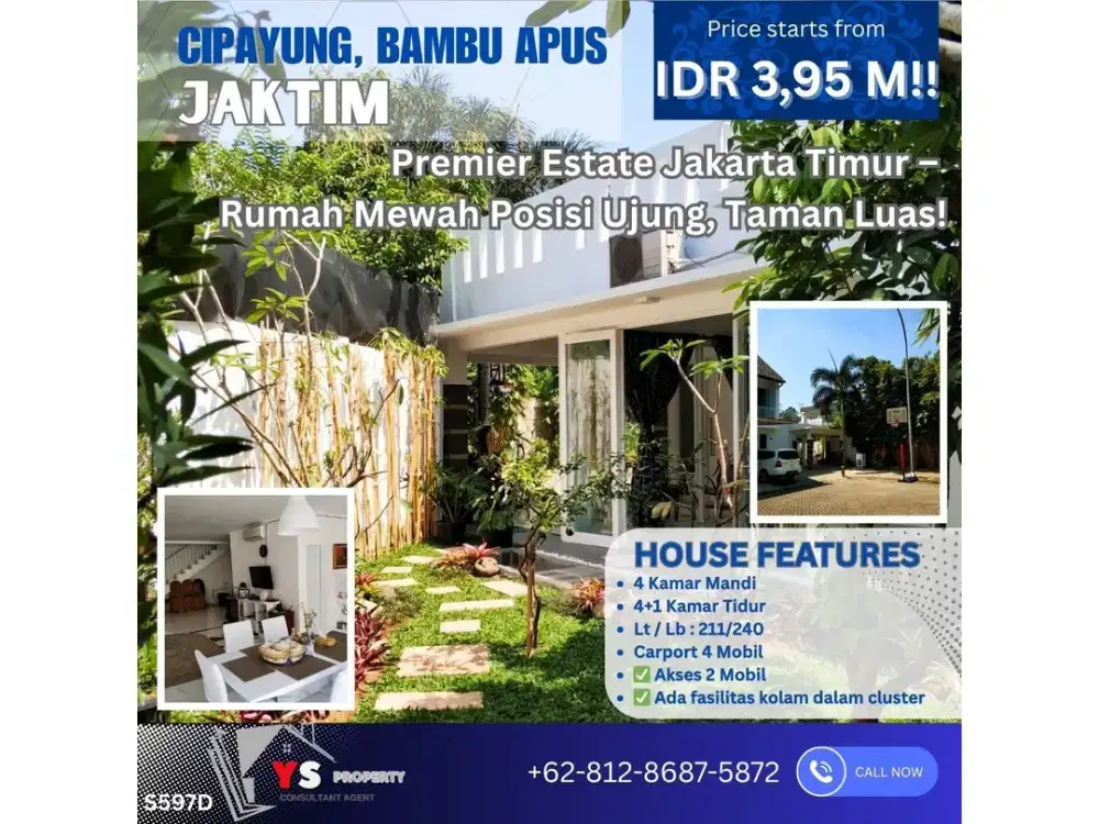 Premier Estate Jakarta Timur – Rumah Mewah Posisi Ujung, Taman Luas, Akses Strategis!