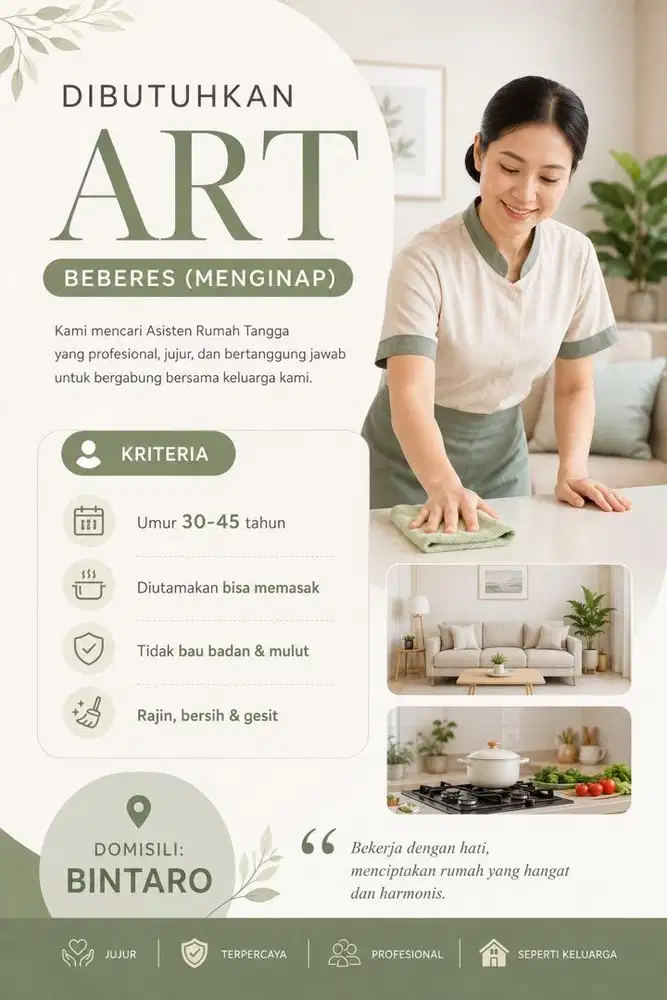 DIBUTUHKAN ART BEBERES & MASAK (MENGINAP) U/ ANAK 3.5 TAHUN