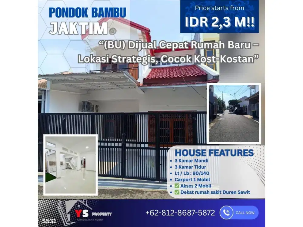 Rumah 2 Lantai Dalam Komplek Pondok Bambu – Jalan Lebar Muat 2 Mobil! S531A