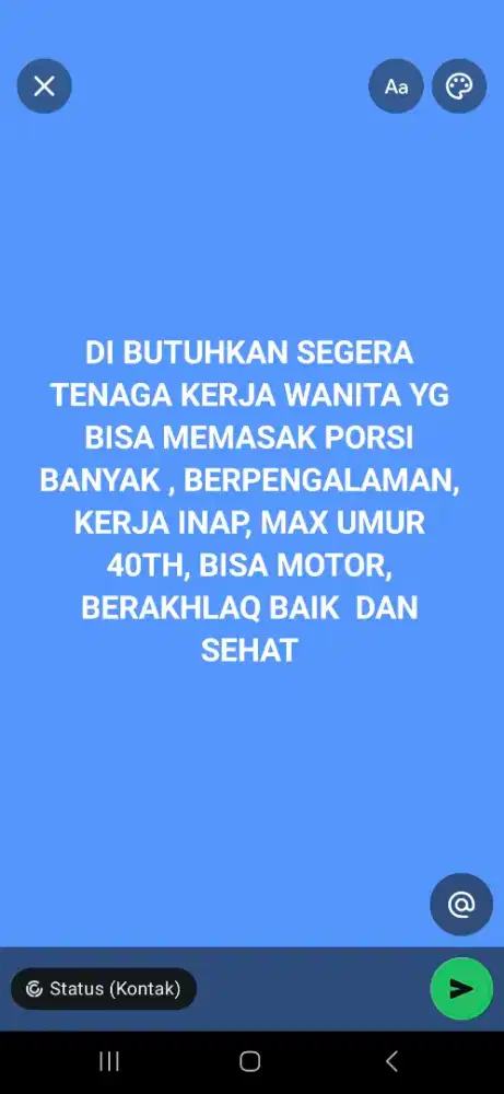 DI BUTUHKAN SEGERA TENAGA KERJA WANITA BISA MEMASAK