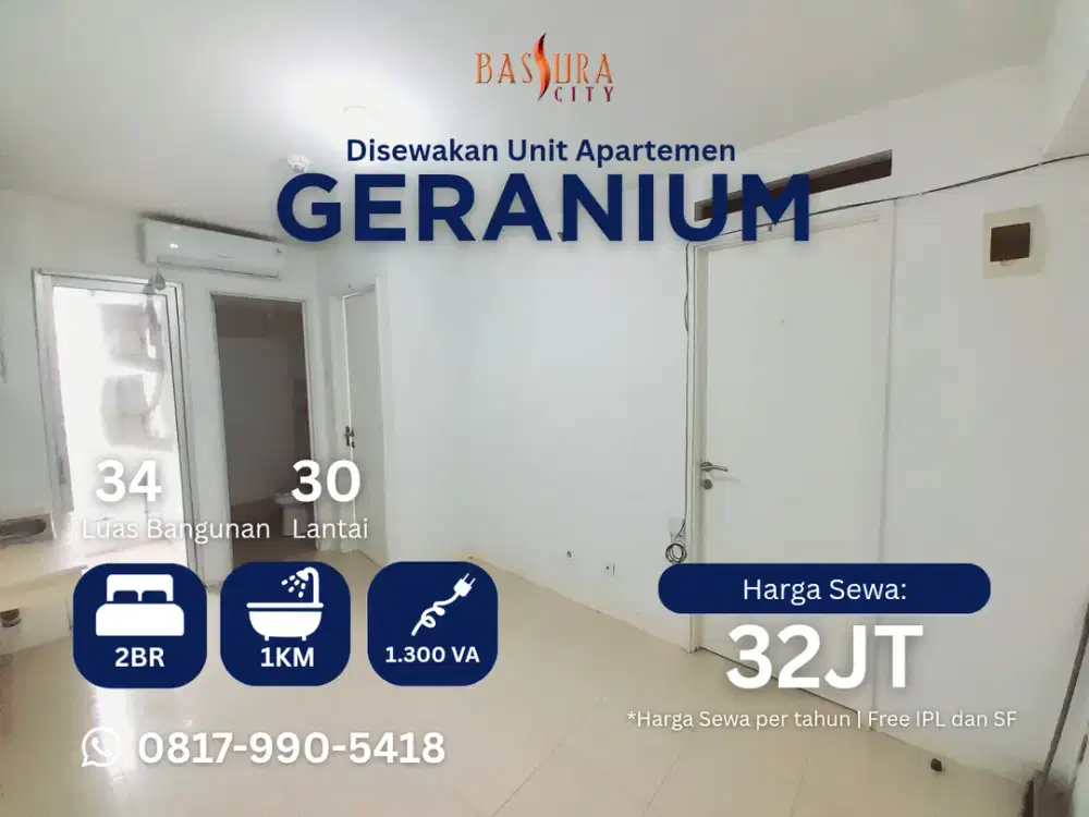 Sewa 2BR kosongan apartemen Bassura City tower Geranium free IPL