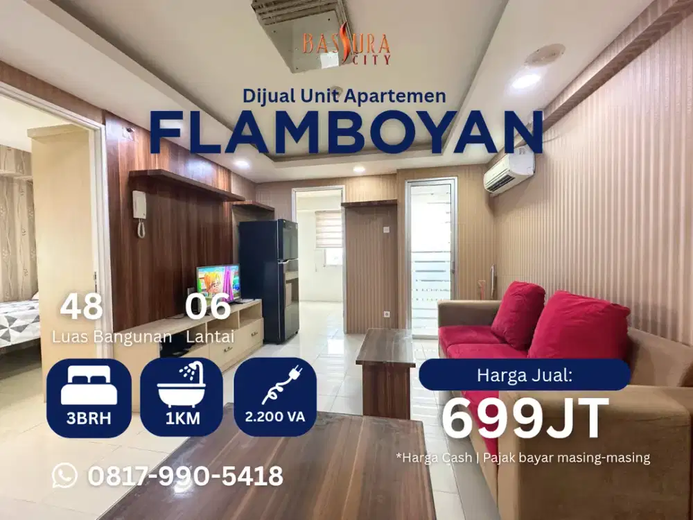 Jual 3BR lantai rendah apartemen Bassura City tower Flamboyan full furnished