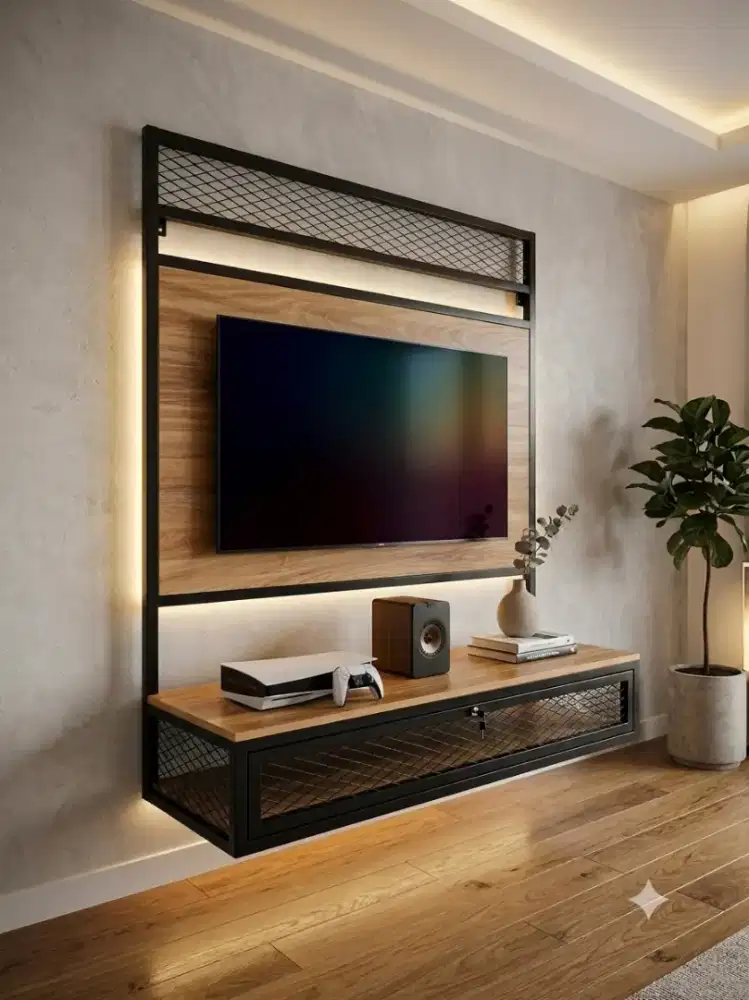 Backdrop kabinet TV dan PlayStation industrial minimalis