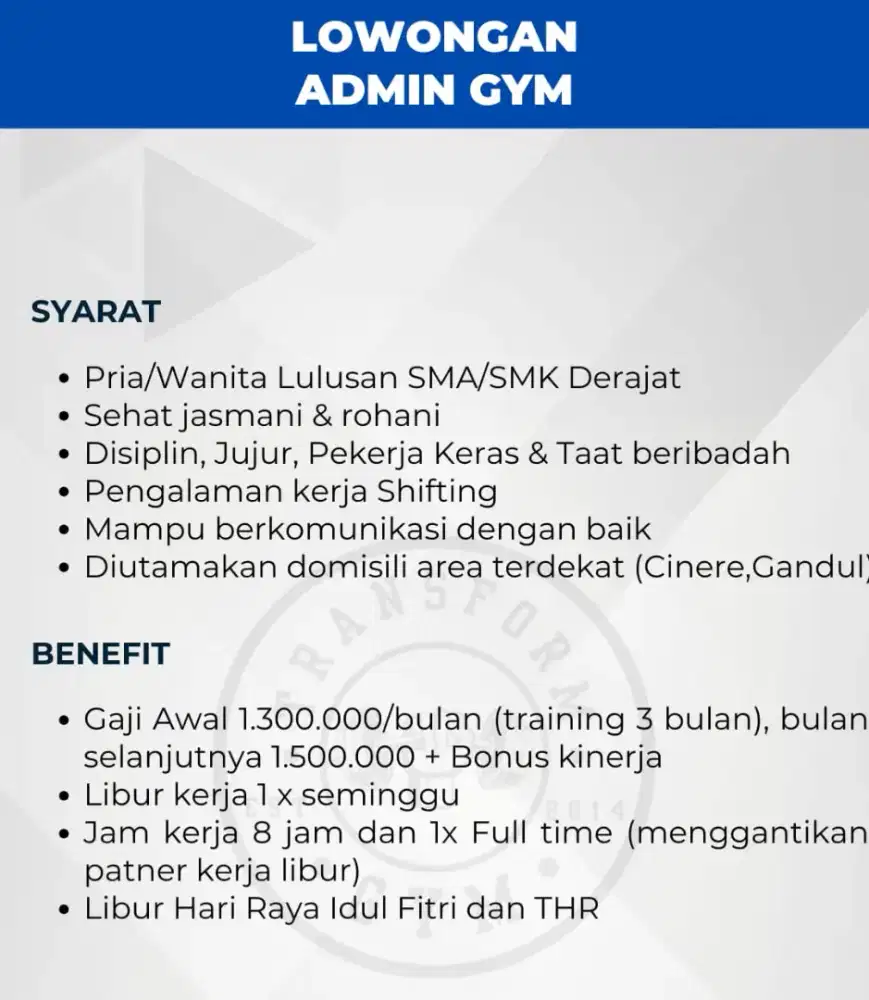 Lowongan kerja admin staf gym