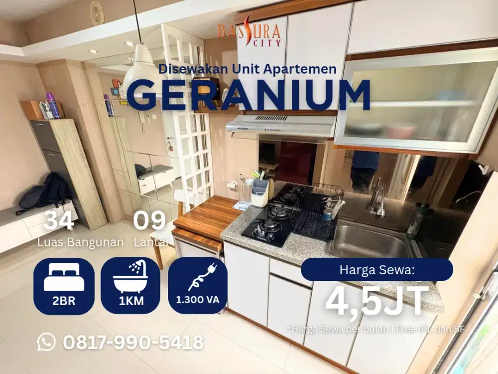 Sewa 2BR Furnished lantai rendah apartemen Bassura city