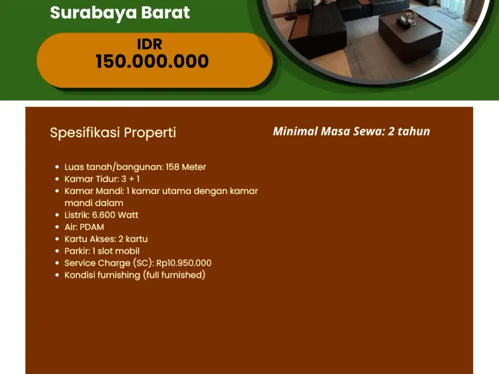 DISEWAKAN APARTEMEN GRAHA FAMILY SURABAYA BBARAT
