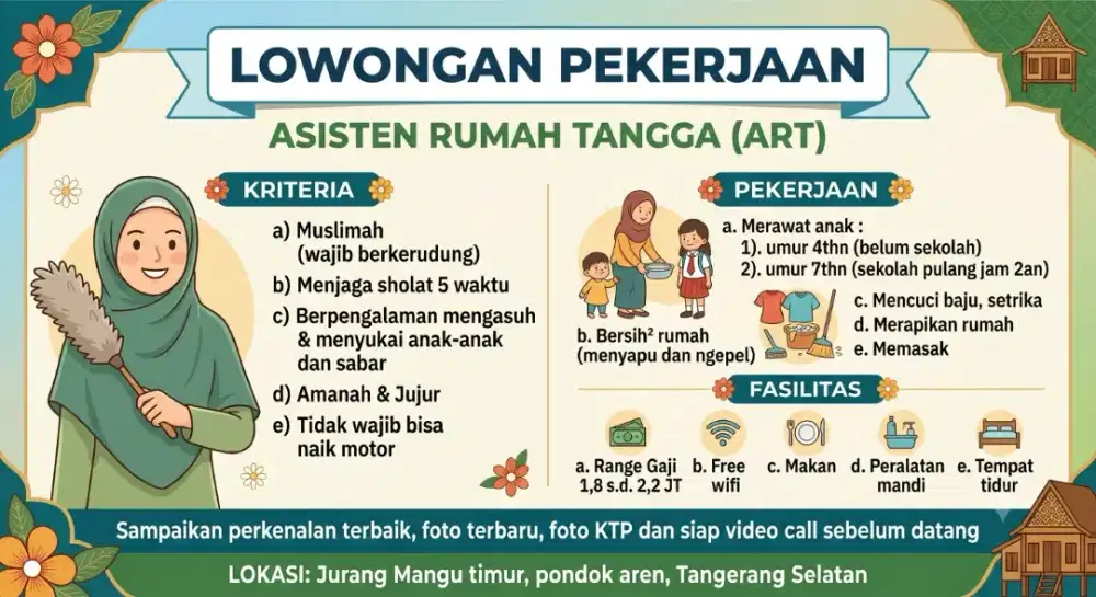 Dicari ART Menginap amanah jujur