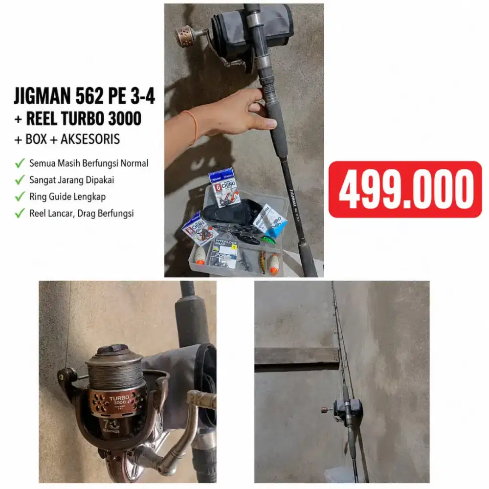 Paket Pancing Joran Jigman 562 PE 3-4 + Reel Turbo 3000 + Aksesoris