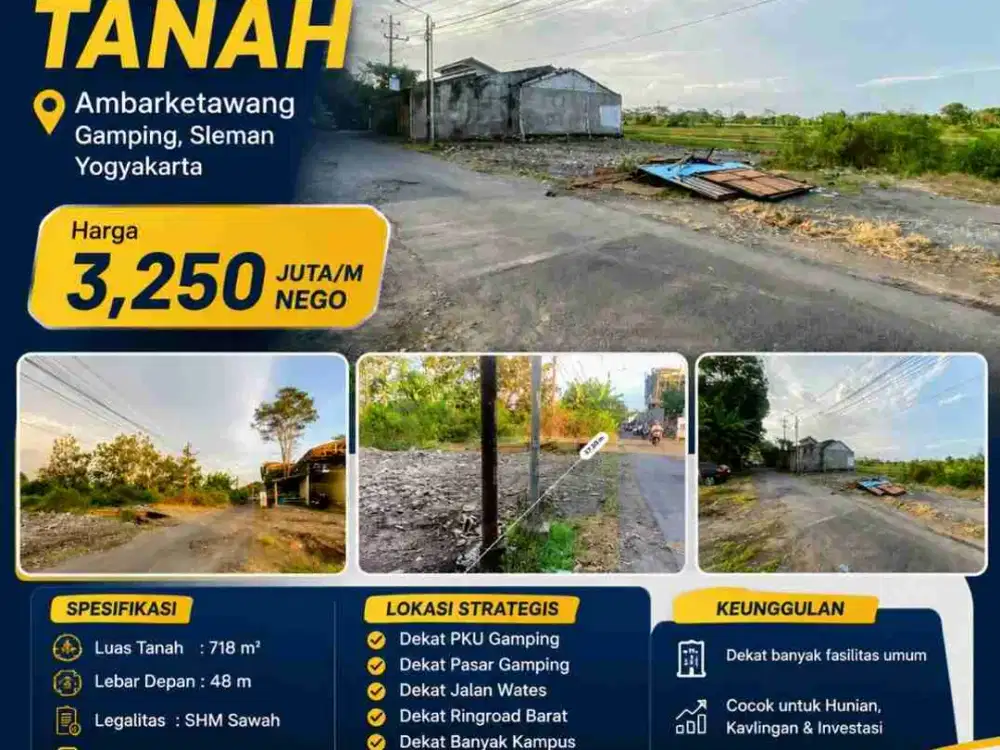 Jual Tanah Strategis 718 m² SHM Dekat PKU Gamping, Jalan Wates & Ringroad Barat Sleman