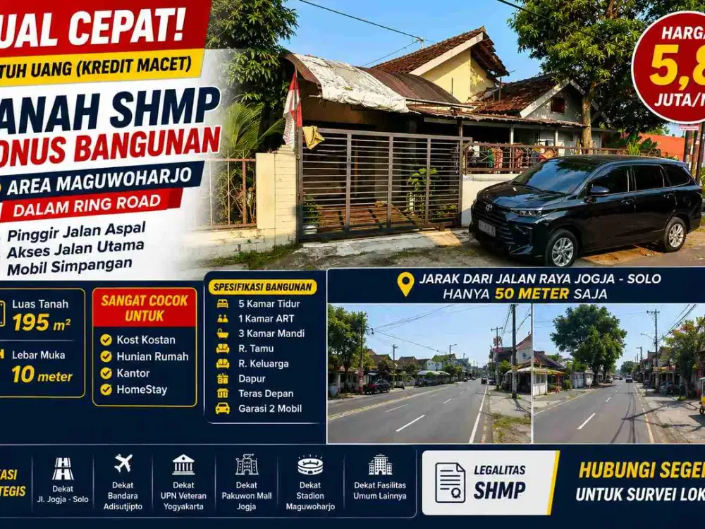 Jual Cepat Rumah Hitung Tanah 195 m² Maguwoharjo, 50 Meter Jalan Jogja Solo, Cocok Kost & Homestay