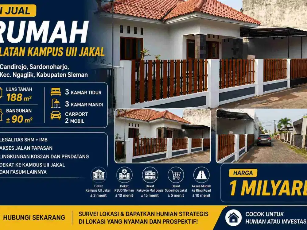 Rumah Siap Huni Selatan Kampus UII Jakal, SHM IMB, 3 KT, LT 188 m² Harga 1 Miliar
