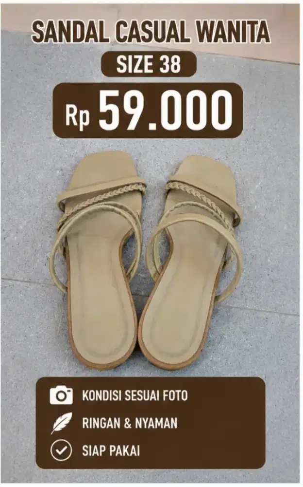 Sandal Casual Wanita Size 38 Ringan & Nyaman