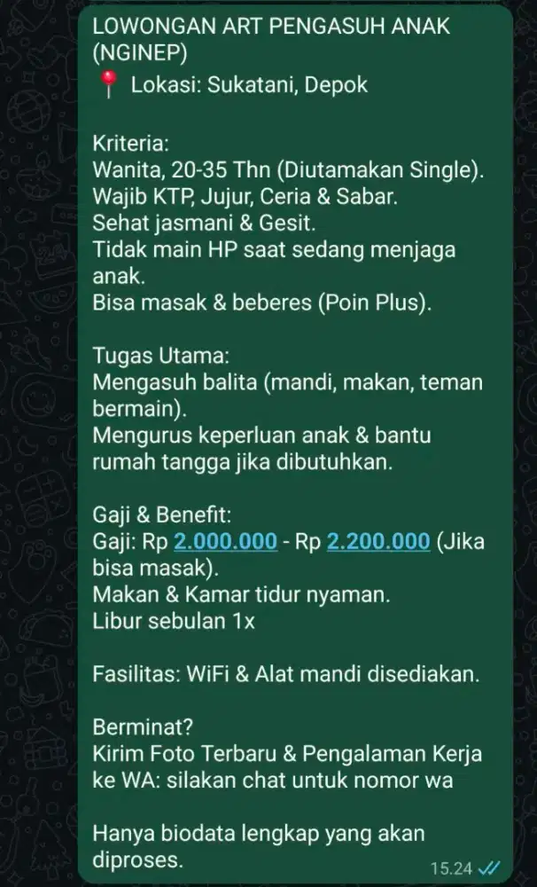 Lowongan art pengasuh majikan langsung no penyalur