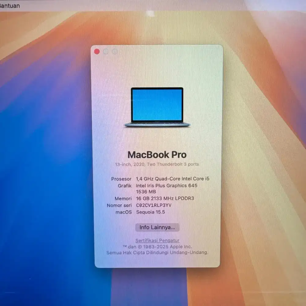 Macbook Pro 2020 Intel 16 Ssd 256 Layar 13 inch Core I5 Full set grey