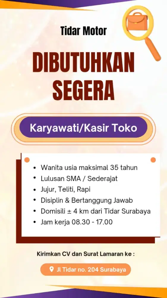 Dibutuhkan Karyawati untuk Kasir Toko SparePart