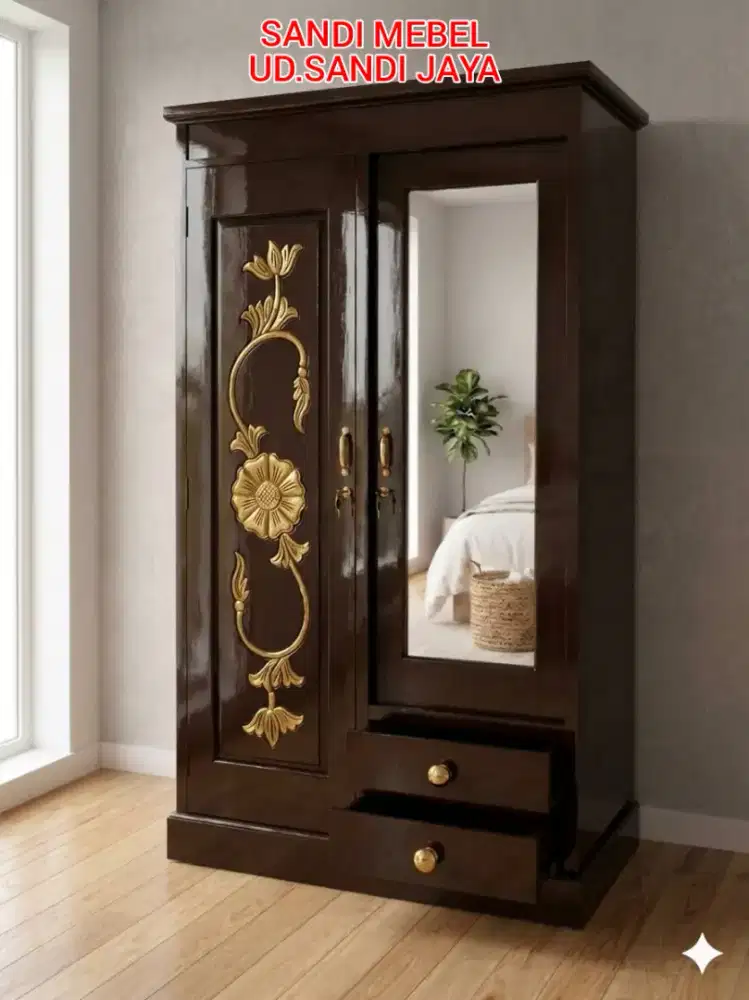 Lemari atau almari pakaian dua pintu,ukir,dobel laci