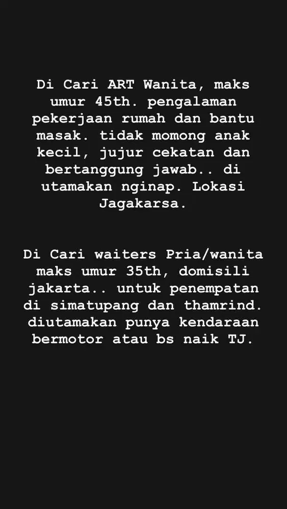 Di cari pekerja Untuk ART dan waiters