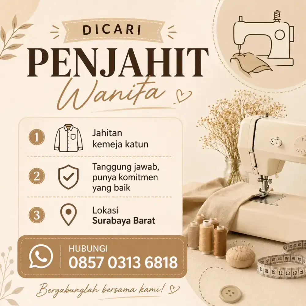 Dicari Penjahit Wanita Surabaya Barat