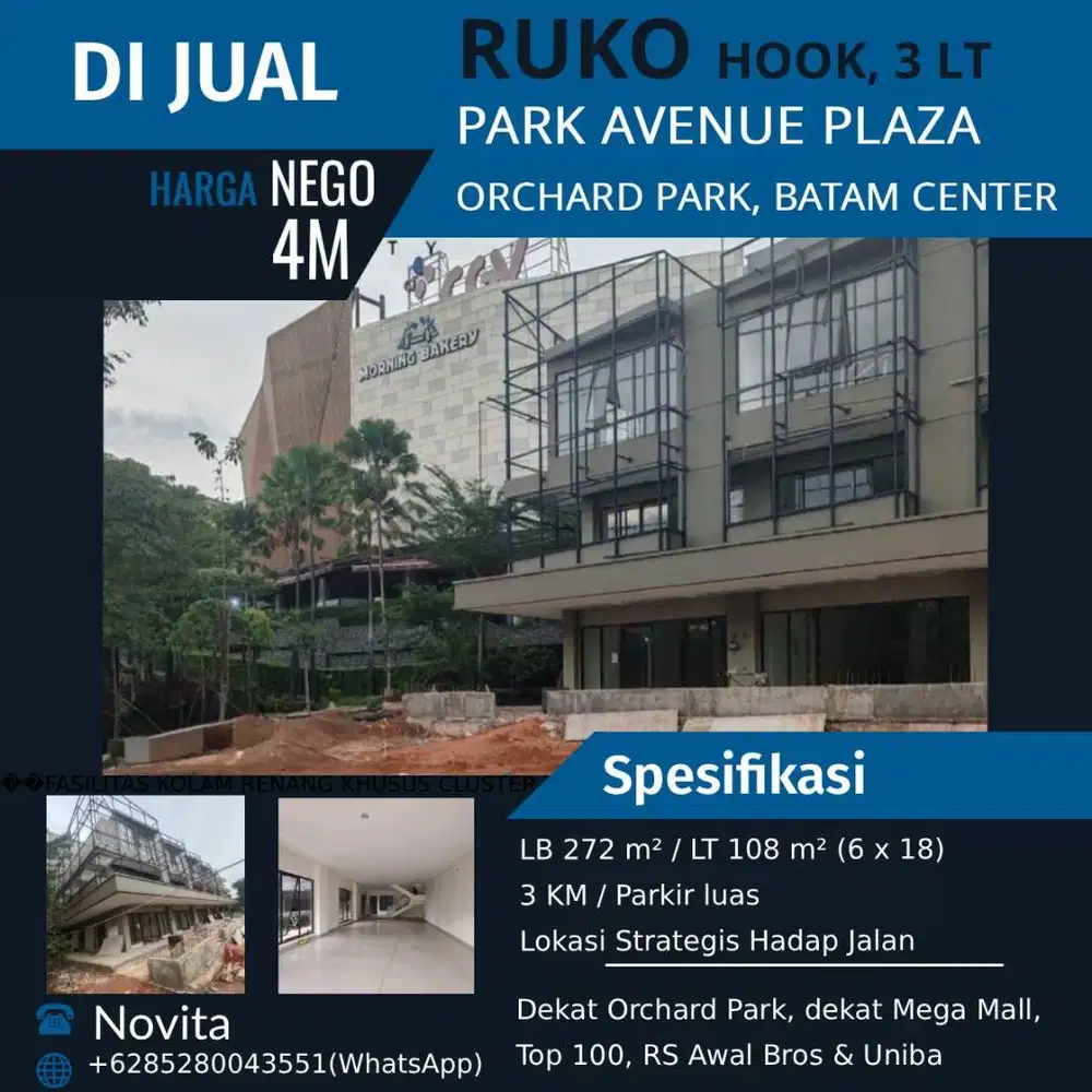 1 Unit Ruko Hook PARK AVENUE PLAZA (3Lantai) Orchard Park, Batam Cente