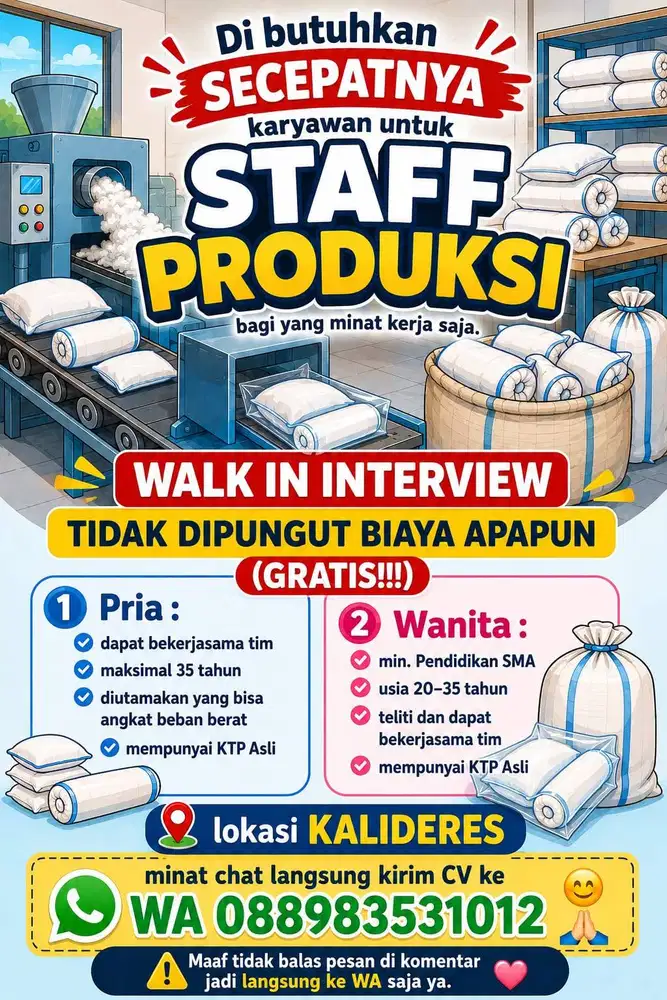 DIBUTUHKAN SEGERA KARYAWAN UNTUK STAFF PRODUKSI