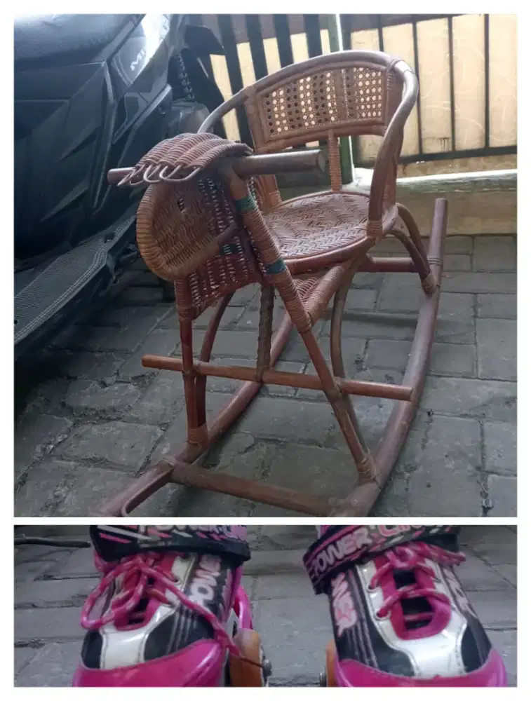 Kuda rotan mainan anak dan sepatu roda pink