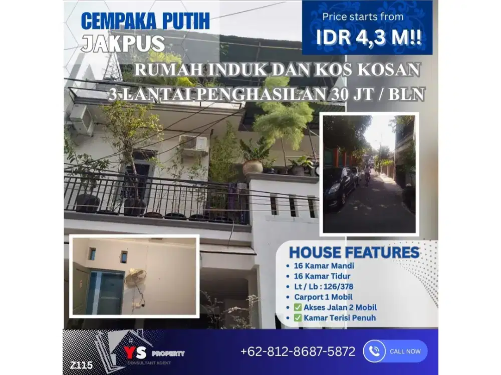 Rumah Induk + Kos 3 Lantai - Lokasi Premium Cempaka Putih Full Terisi • Income Stabil ± Rp 30 Juta/Bulan Z115