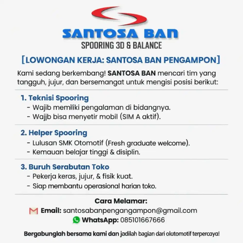 LOWONGAN TEKNISI  SPOORING Gaji Menarik