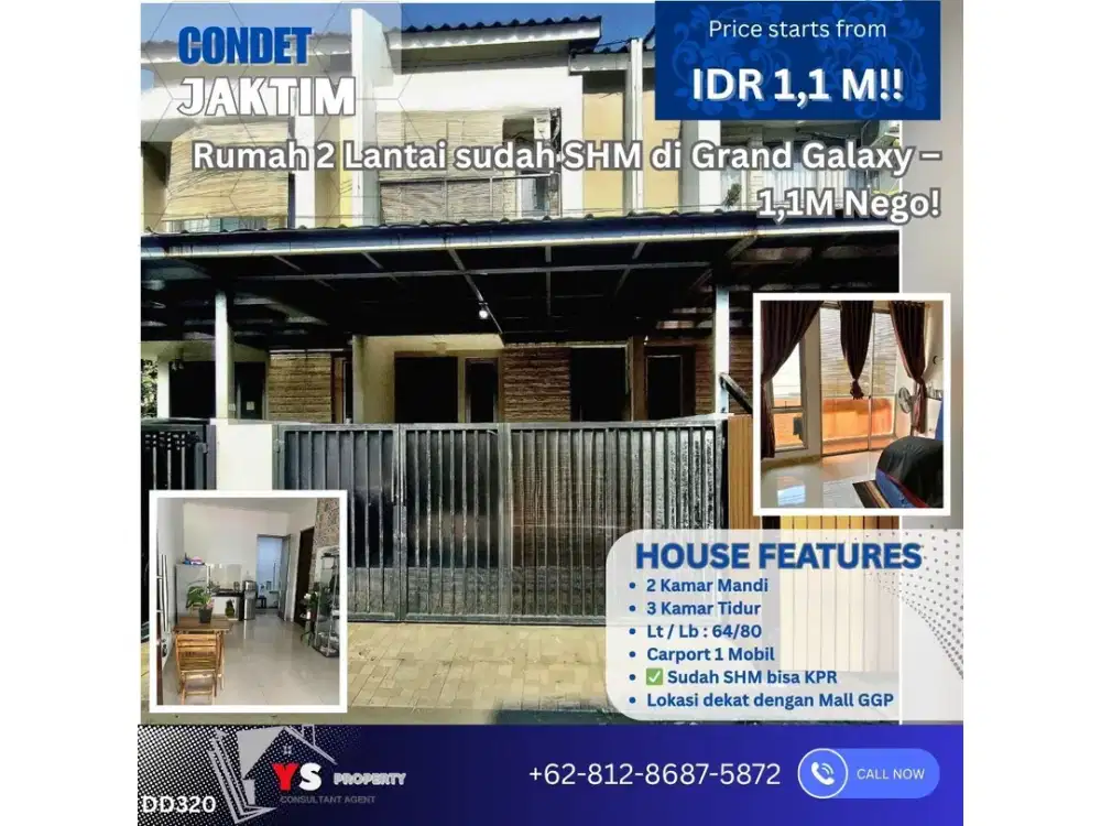 Rumah 2 Lantai sudah SHM di Grand Galaxy City – 1,1M Nego! DD320