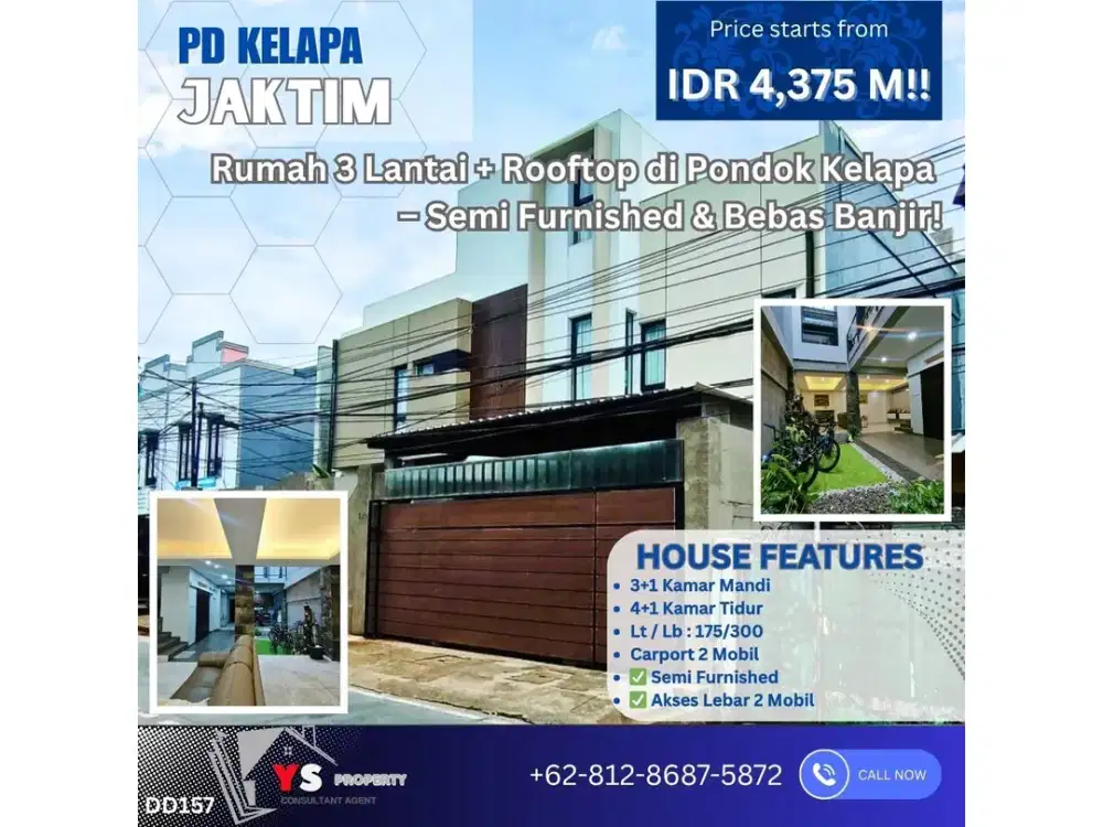 Rumah Mewah 3 Lantai + Rooftop di Pondok Kelapa, Siap Huni! DD157
