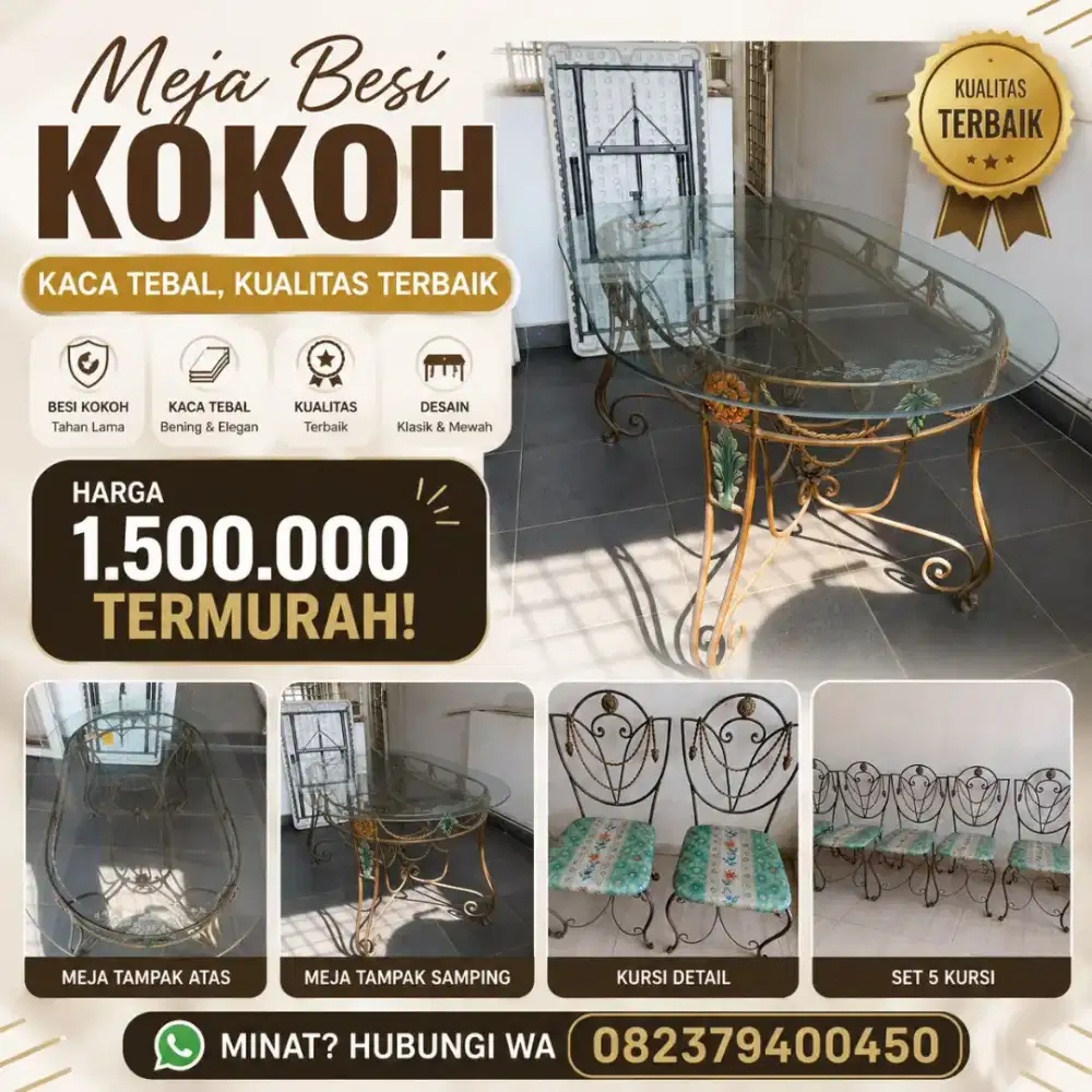 Meja Makan Besi Kokoh Kaca Tebal, 5 Kursi, Desain Classic