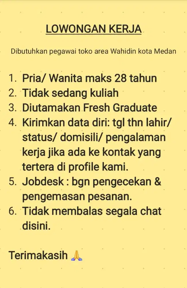 LOWONGAN KERJA Pegawai Toko area Wahidin Medan