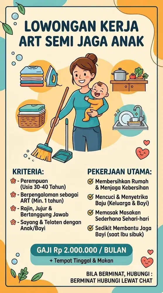 Dicari ART menginap segera