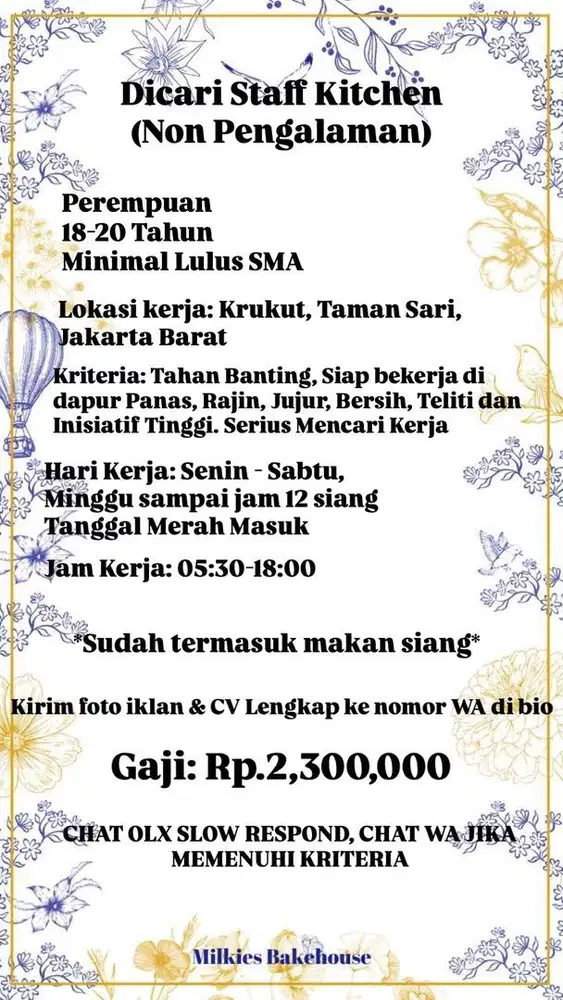 LOKER KITCHEN HELPER PEREMPUAN 18-20 TAHUN