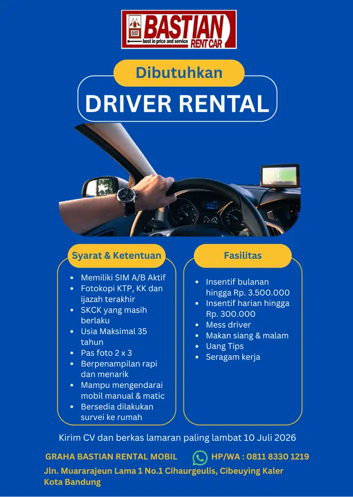 LOWONGAN KERJA DRIVER RENTAL MOBIL