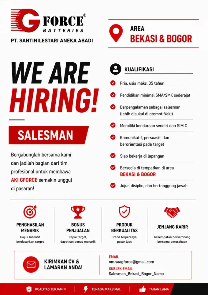 Salesman untuk penempatan Area Bekasi & Bogor.