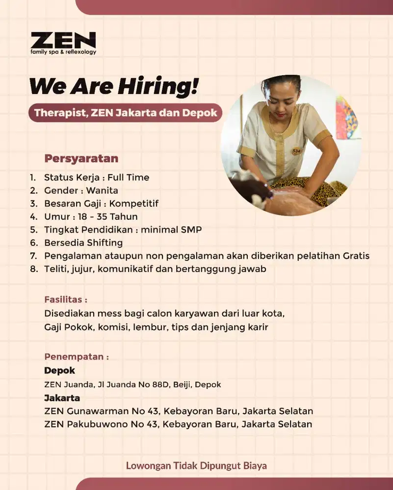 Lowongan Terapis Refleksi kaki & Massage Zen Family Spa