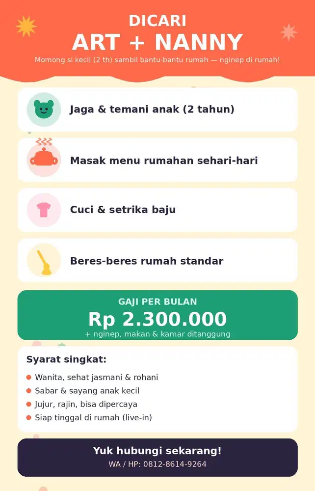 Dicari ART + Nanny Anak 2 Tahun, Nginep, Gaji 2,3jt