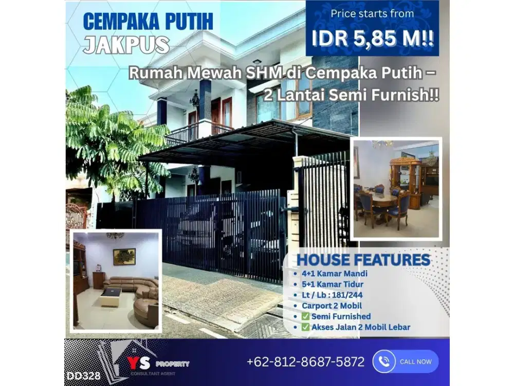 Rumah Mewah SHM di Cempaka Putih Jakarta Pusat – 2 Lantai Semi Furnish! DD328