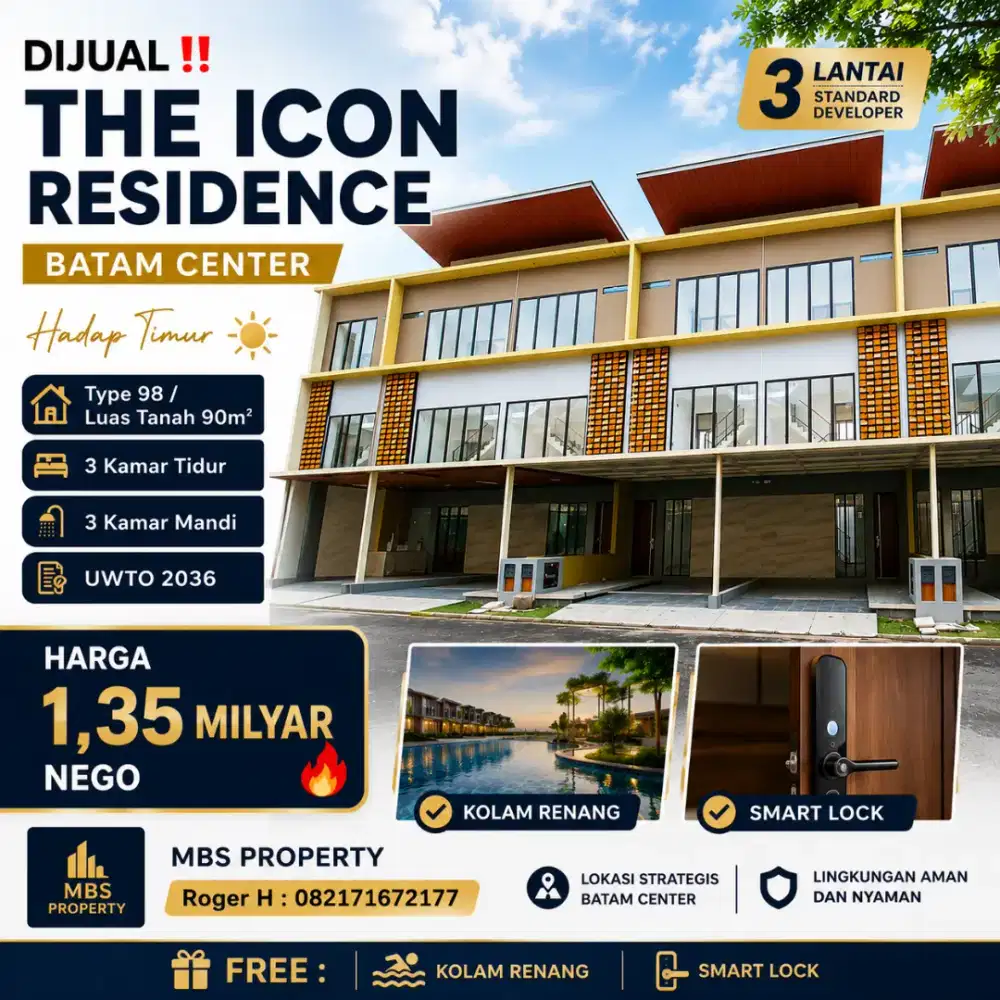 DIJUAL
Rumah 3 Lantai Standard Developer THE ICON  RESIDENCE