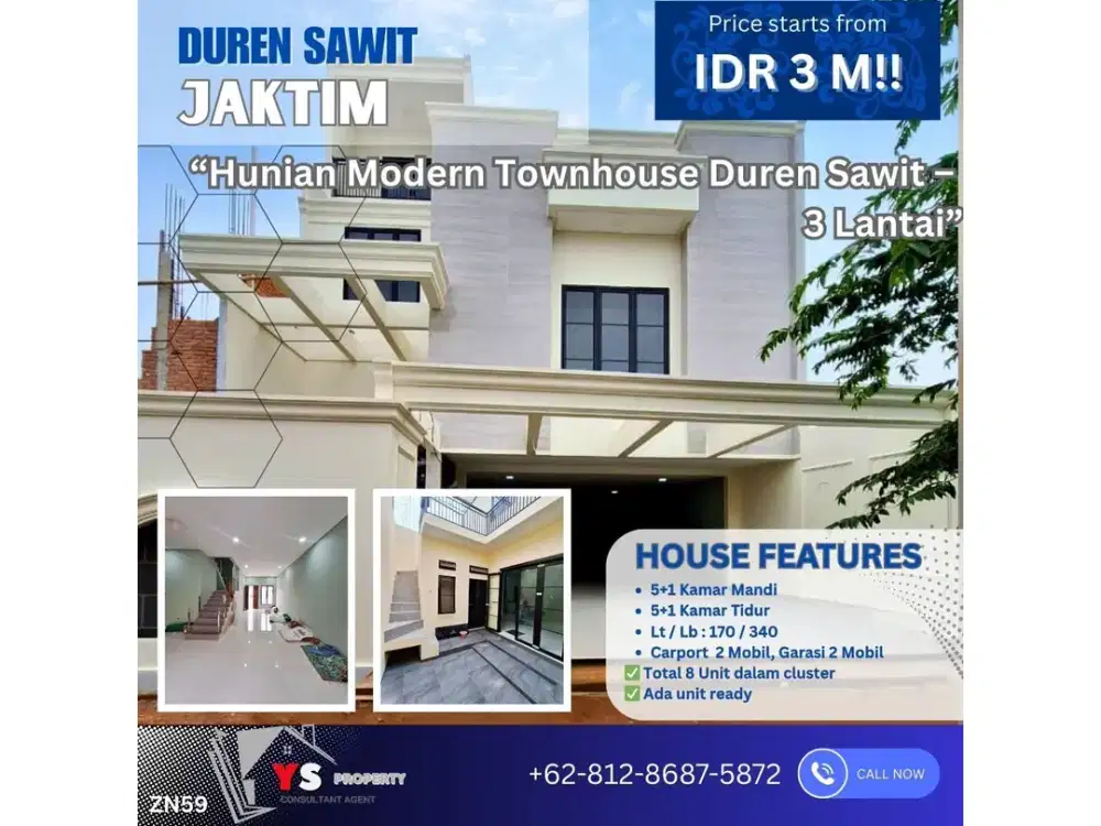 Rumah Baru 3 Lantai Townhouse Duren Sawit – Harga 3 M Nego ZN59