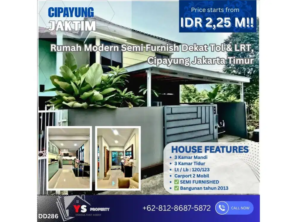 Rumah Modern Semi Furnish Dekat Tol & LRT, Cipayung Jakarta Timur DD286