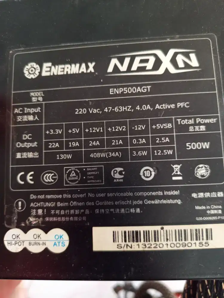 PSU ENERMAX NAXN 500Watt Pure Bekas