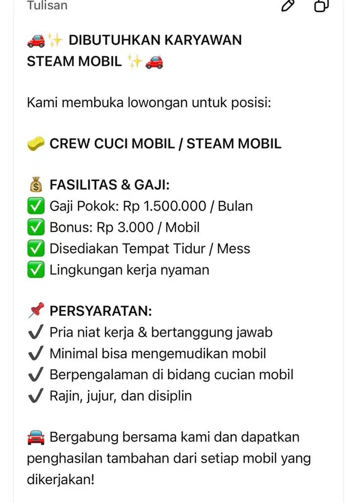 Cari karyawan steam mobil