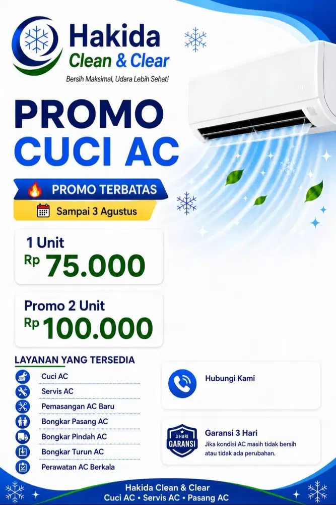 Promo Cuci AC Bekasi & Sekitarnya | 1 Unit Rp75.000, 2 Unit Rp100.000