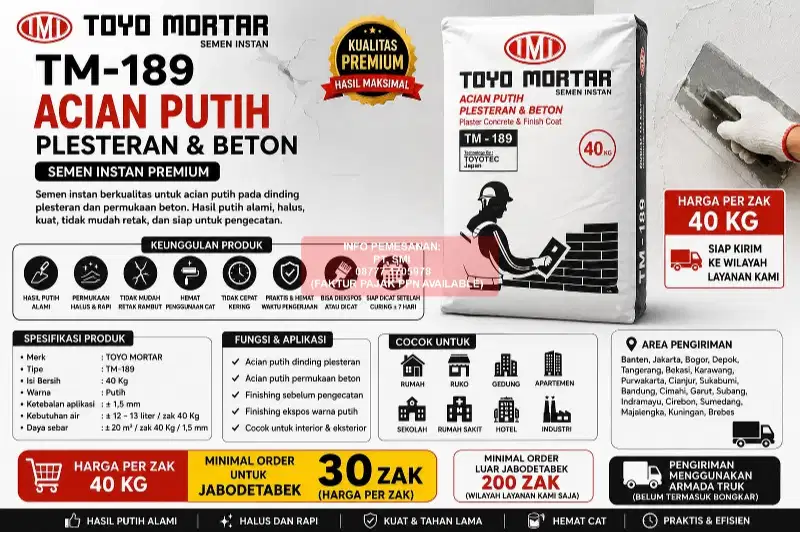 ACIAN PUTIH PLESTERAN & BETON TOYO MORTAR TM-189 @40 KG PUTIH, HALUS